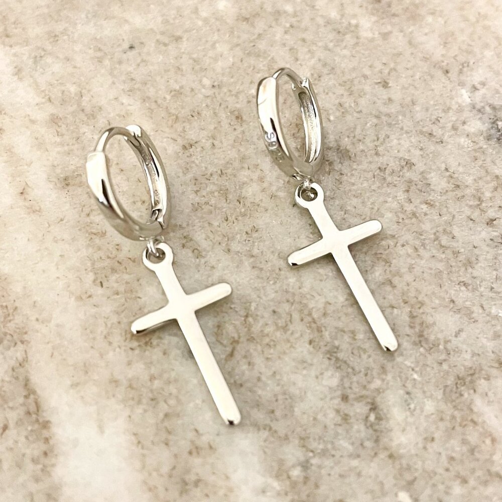 925 Sterling Silver Cross Earrings Cross Huggie Hoop Earrings Minimalist Hoops - Picture 2 of 5